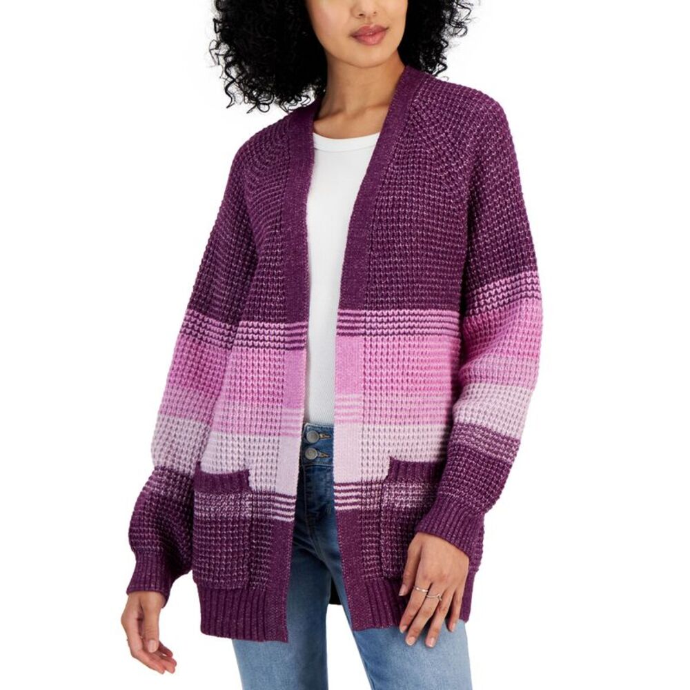 Juniors' Ombré Striped Waffle-Knit Long Cardigan